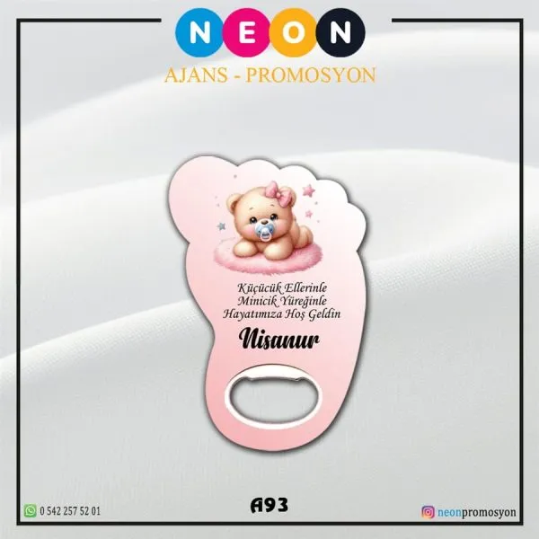 Ayıcık ve Bebek Motifli Pembe Hoş Geldin Ayak Şeklinde Açacak Magnet